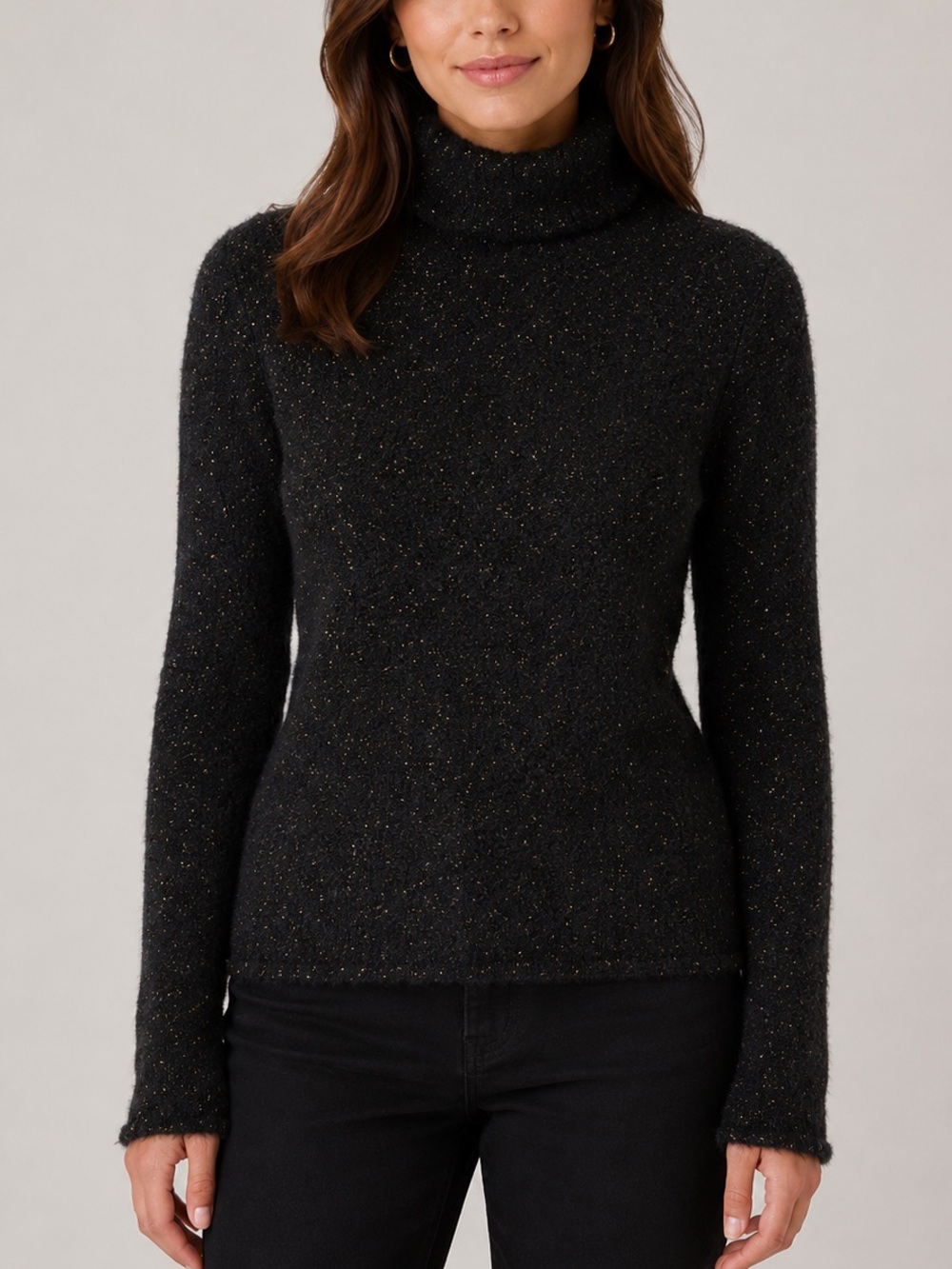 Moda International Black Metallic Turtleneck Sweater Wool Blend Shimmer Knit S